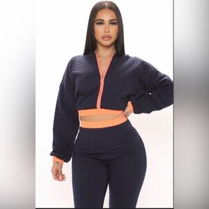 Fashion Nova Navy and Orange Quilted Two-Piece Set